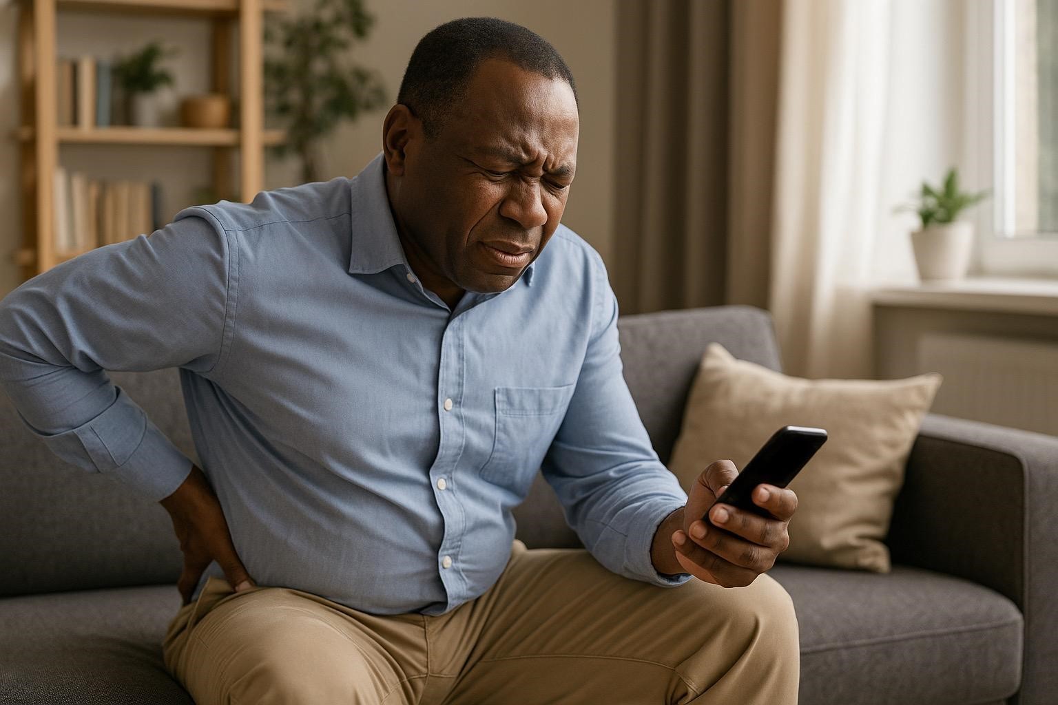 A black man sitting on a sofa, holding his lower back in discomfort while looking at a smartphone