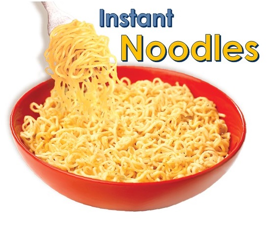 A red bowl full of instant noodles with some scooped in a spoon.
