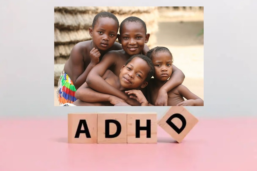Image of four African children posing bare chested together outdoors with ADHD wooden letters displayed below the image 
