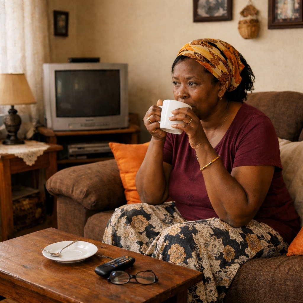 An African lady sitting in her living room sipping coffee from a mug