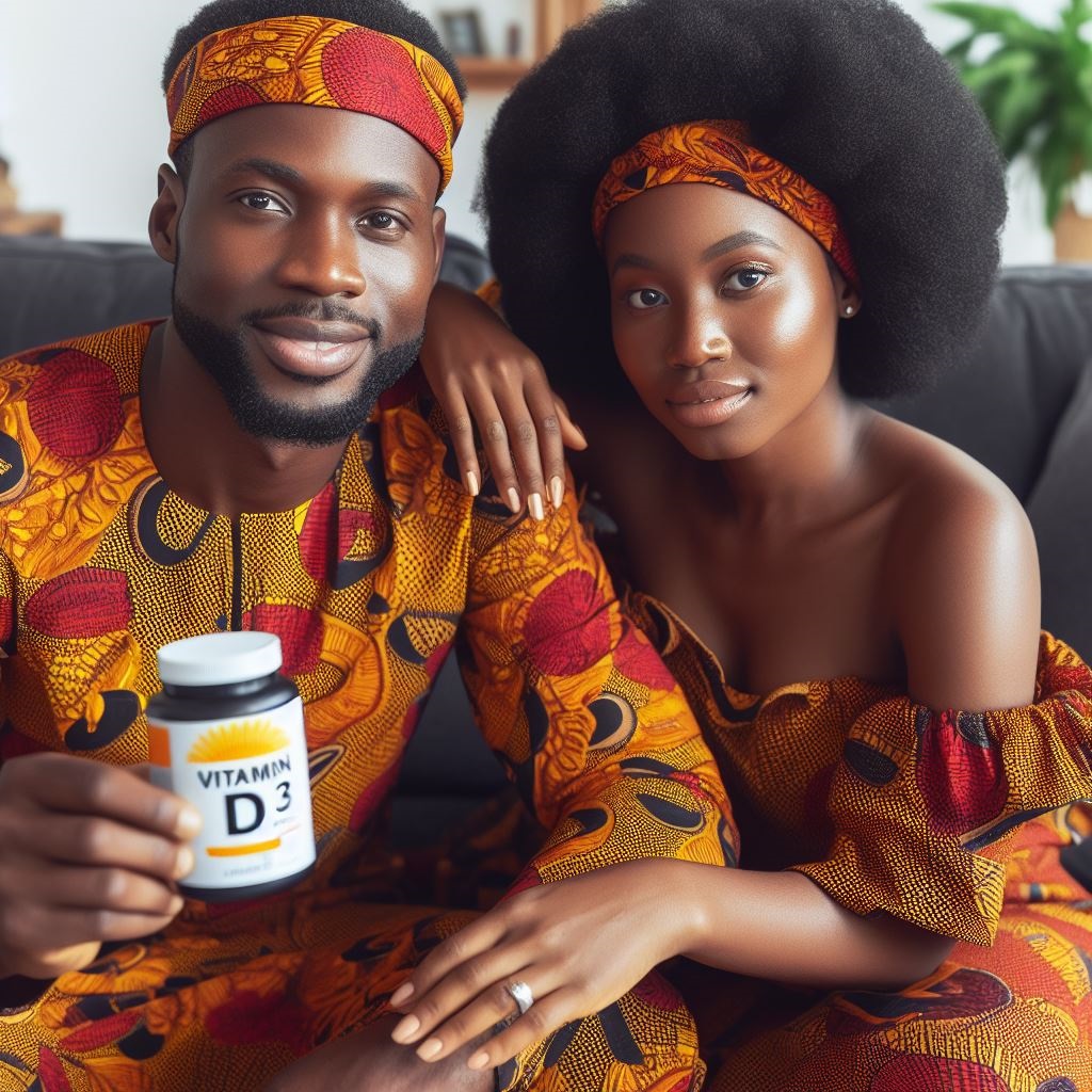 An African couple holding a container of vitamin D3 supplements 