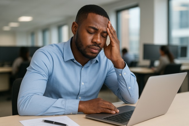 Tired and sleepy looking African worker sitting at a desk in front of a laptop