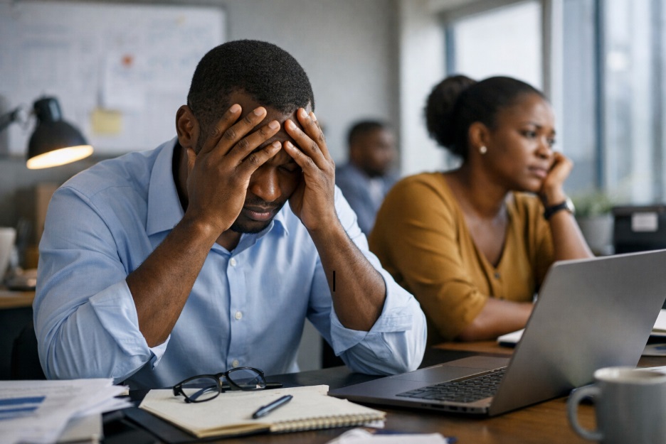 Two professional African workers sitting at a table, looking stressed out.