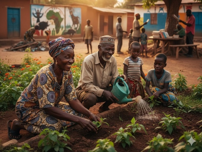 Elderly African couple and children tending to a village garden together