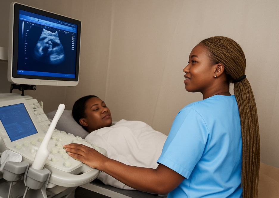 An Arican healthxare provide in blue scrubs performing an ultrasound scan on a lwoman lying  on a couch