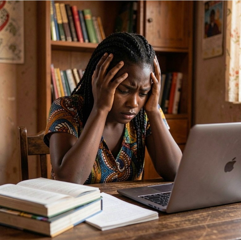 An African woman sitting across a laptop on a table, looking overwhelmed