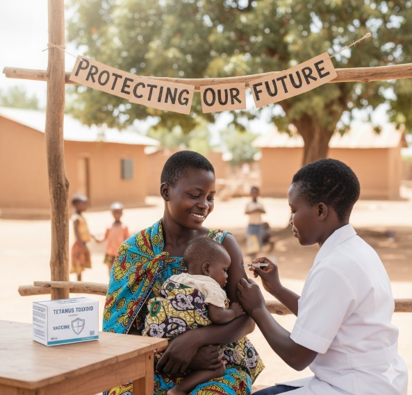 An African woman holding hre baby while receiving vaccination