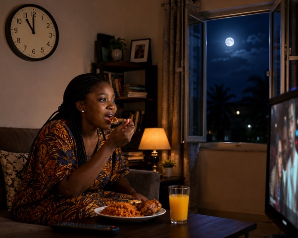 A African woman watching TV while eating late at night