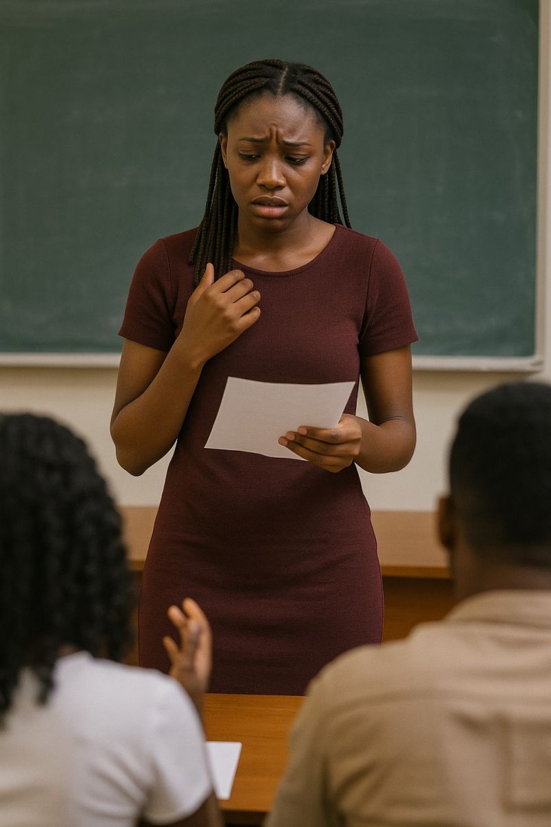 A young African looking anxious while standing and presenting in front of an audience