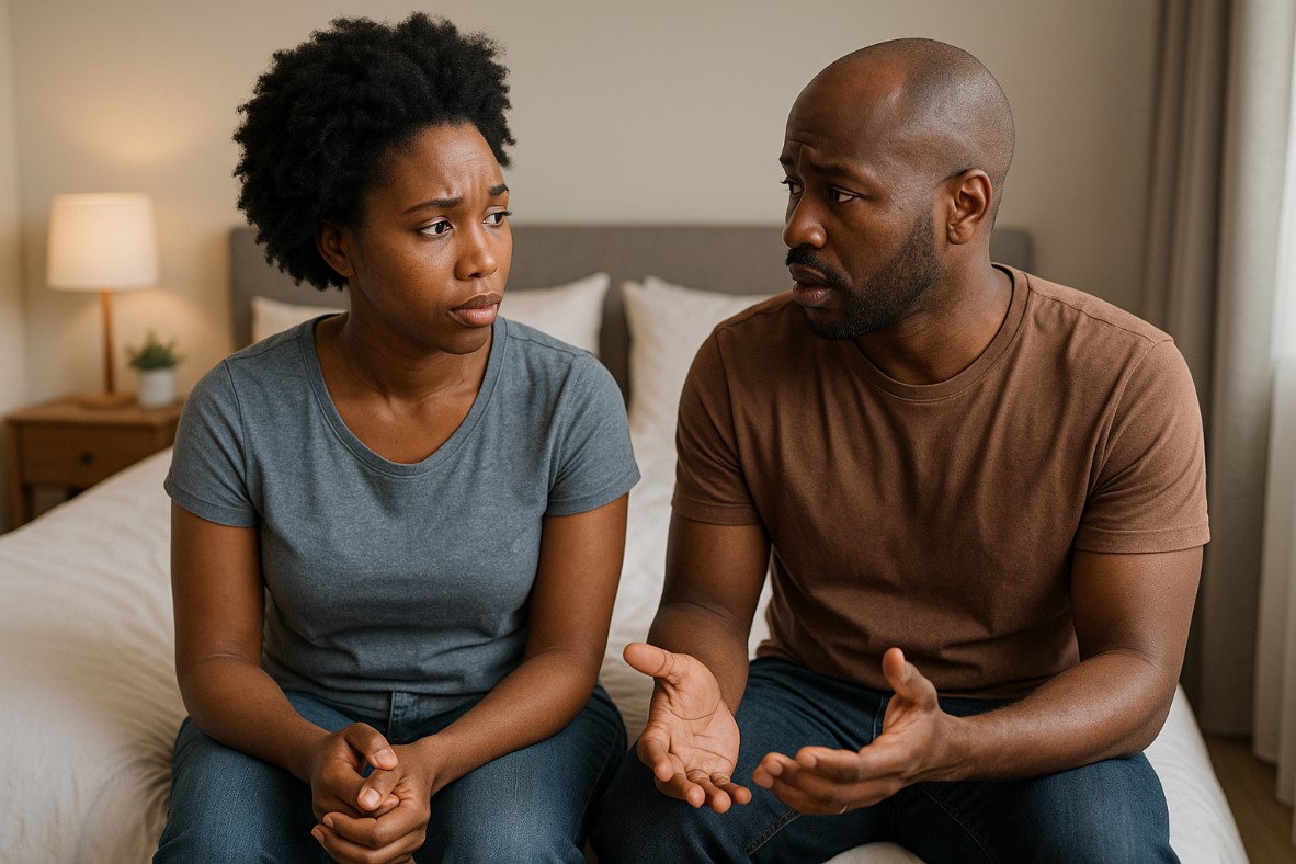 Back couple sitting in bedroom having conversation about infertility