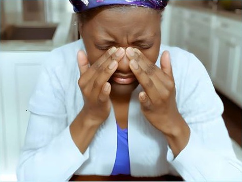 Black woman holding the bridge of her nose in apparent sinus pain