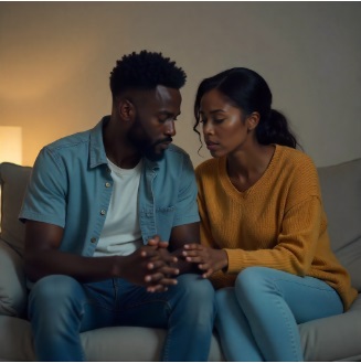 An image of a young black couple sittting close together discussing