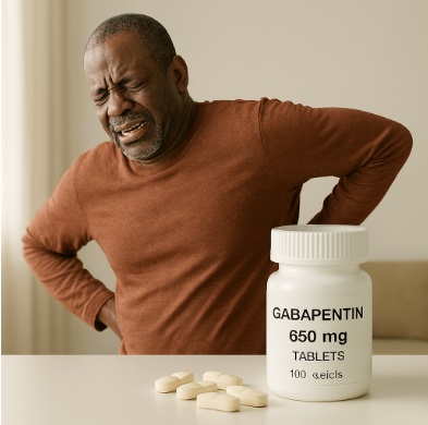 A blak man in apparent back pain, sitting across a table with a labelled bottle and tablets of gabapentin