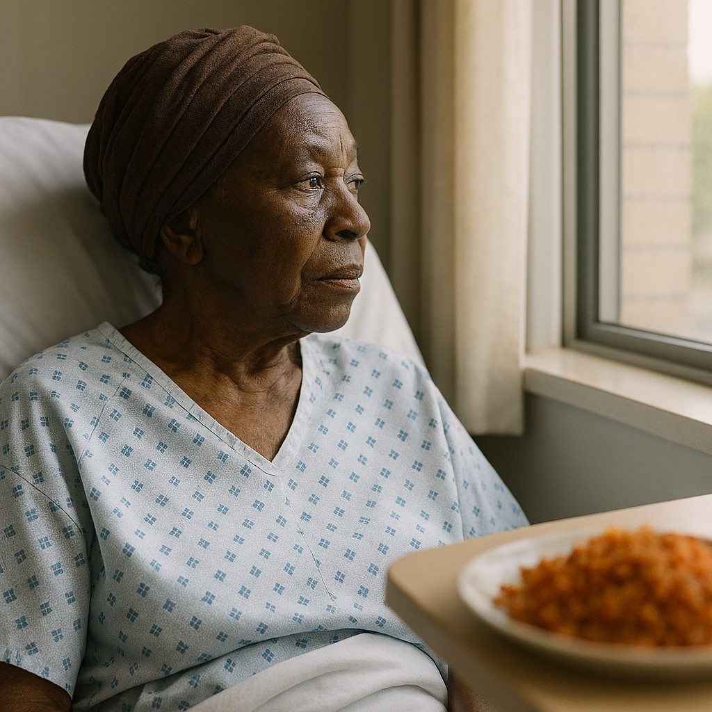 Elderly African woman on a hospital bed looking out of window awaiting surgery leaving food untouched