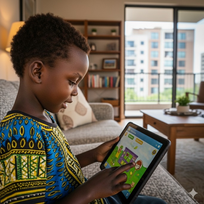 An African boy playing games on a tablet device