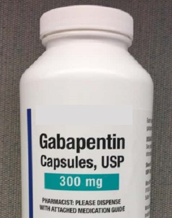 Close up image of a labeld container of gabapentin capsules