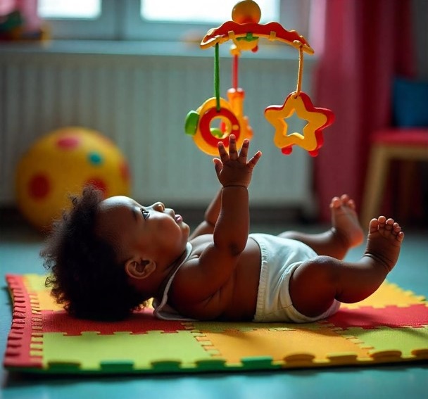 A black child lying on her back and playing with hanging yoys