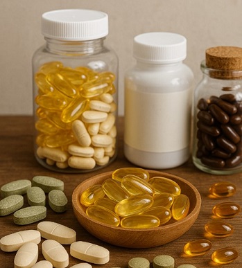 Dietary supplements in bottles and open on a table.