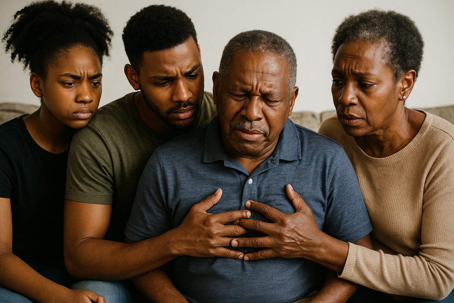 Black family members sitting with and holding on the chest of an elderly male member who looks distressed as if having chest pain