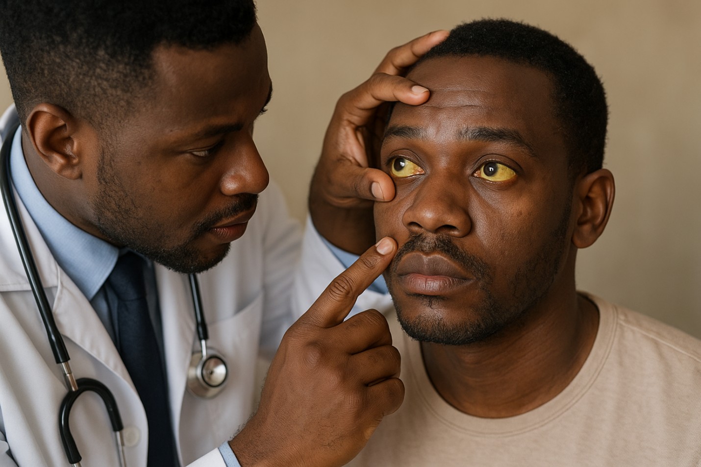 Photo of a black male doctor examining an African man with yellow discolouration of the eyes