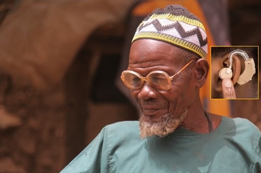 Photo of elderly African man with hearing aid inset 