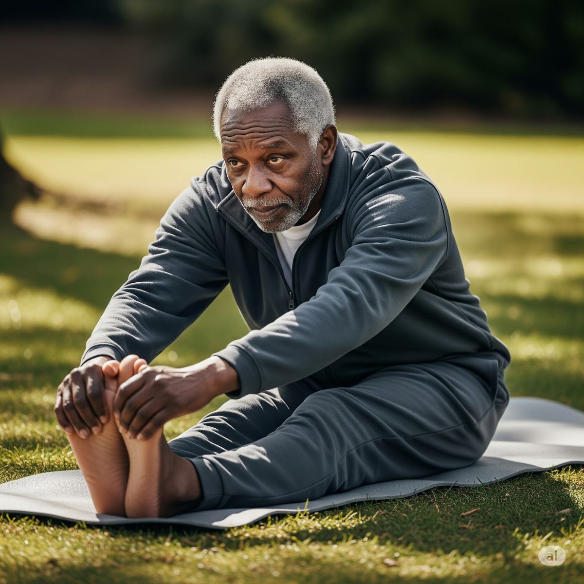 Elderly African male dressed in grey sweat suit and doing hamstring stretch