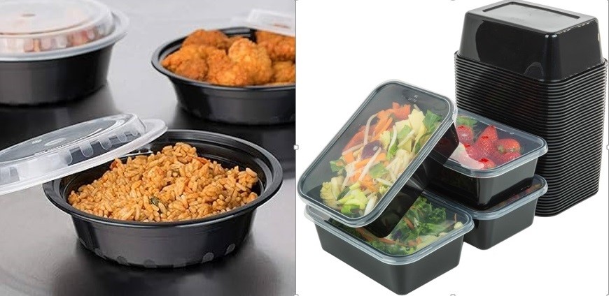 Plastic food packaging containers with assorted African foods and vegetables