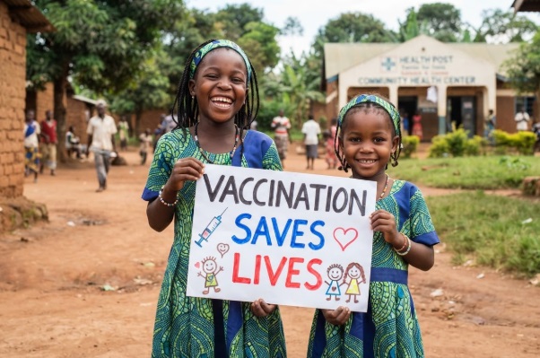 Two young and smiley African girls standing on the grounds of a rural village and holding a poster saying “Vaccination Saves Lives”.
