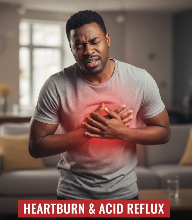 An African male holding his chest in pain probably from heartburn