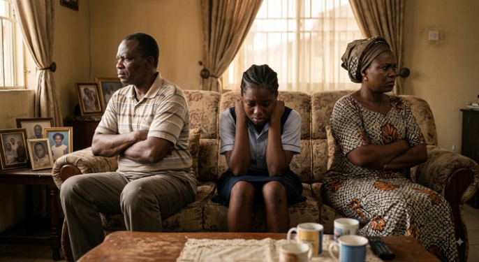 Image of an African couple sitting on a sofa in distress with child in te middle