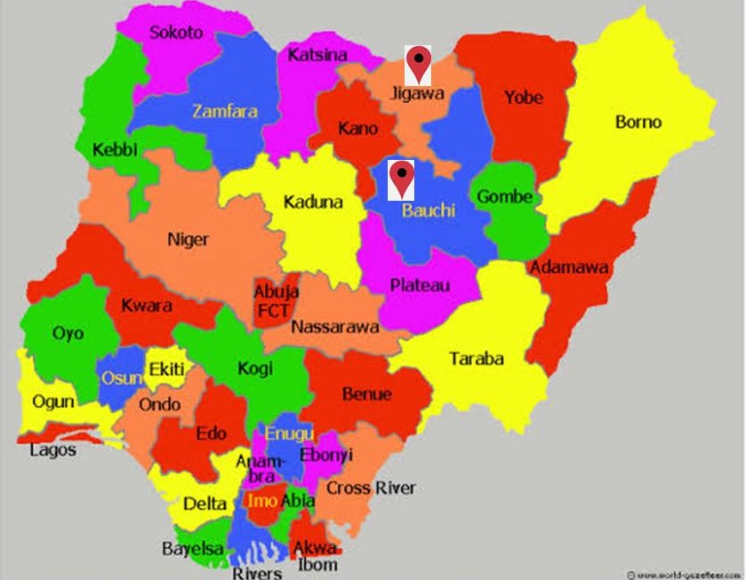 State map of Nigeria with location of currently reported outbreak of CSM