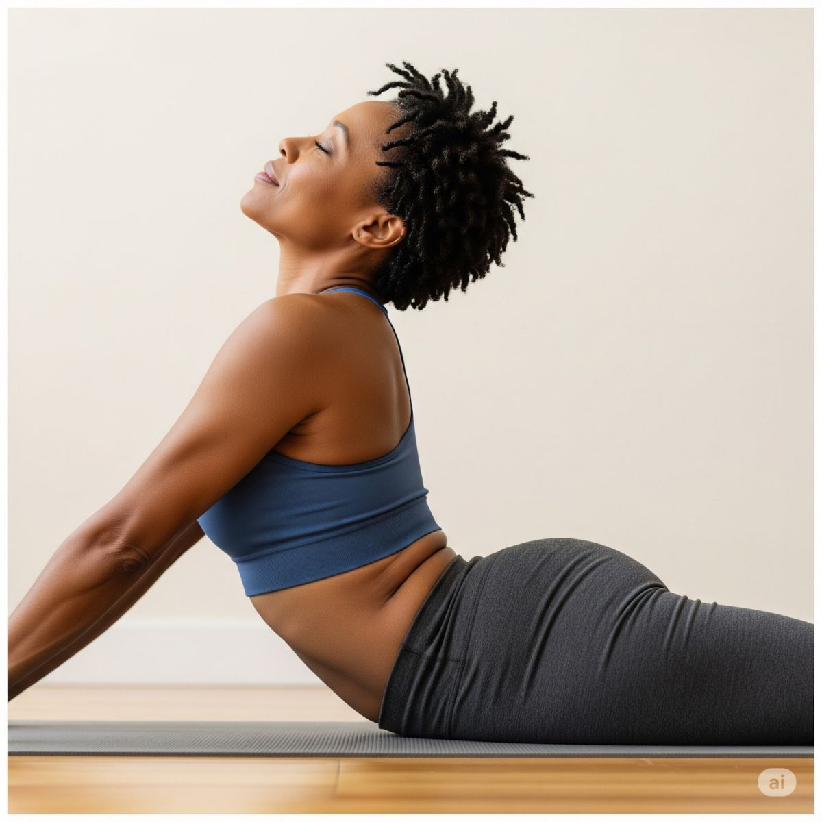 Middle-aged African woman lying on a mat on her belly doing back stretch
