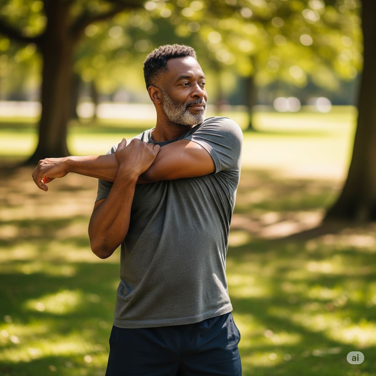 Middle-aged African male standing outdoors doing a shoulder stretch