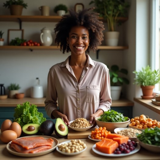 A black lady standing in front of a collection of nutrient dense foods