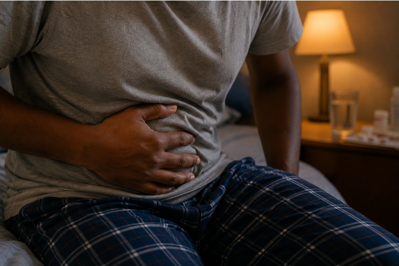 Close up view of an African man holding on his belly