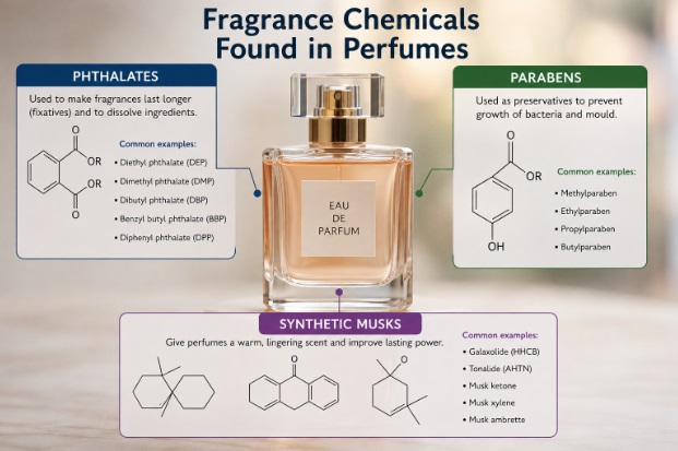 A labelled infographic showing a perfume bottle surrounded by three categories of known endocrine disruptor chemicals (EDC): phthalates, parabens, and synthetic musks.