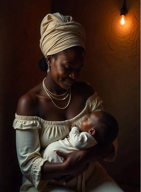 An African woman holding her babby in a cradle hold position