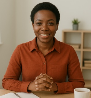Portrait of a smiley African female professional waering a maroon coloured shirt and sitting at a table