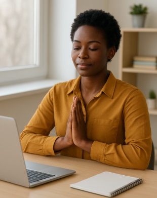 Portrait of an African female professional wearing a brown shirt sitting at a desk with palms together and in meditation mode