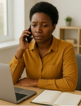 Portrait of an African female professional wearing a brown shirt and holding a telephone to her ear while sitting at a table