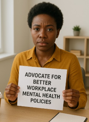 African female professional sitting and advocating for netter workplace mental health policies