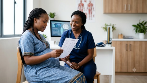 Pregant African woma and nurse discussing test results in a ckinic.