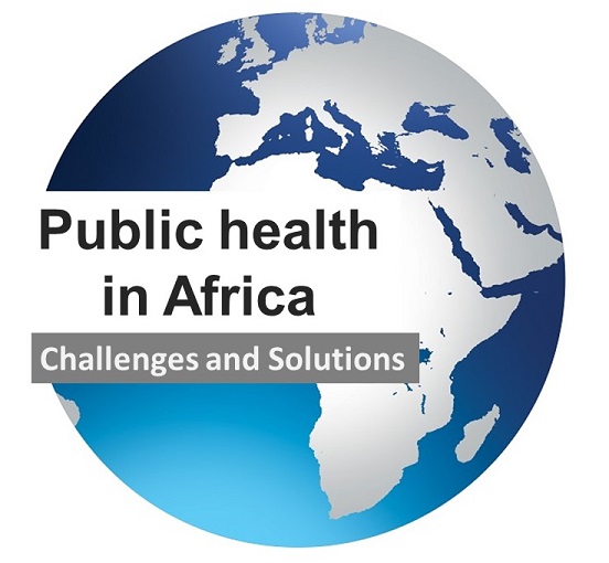 Image of globe labeled with the caption Public Health in Africa, Challrnges and Solutions.