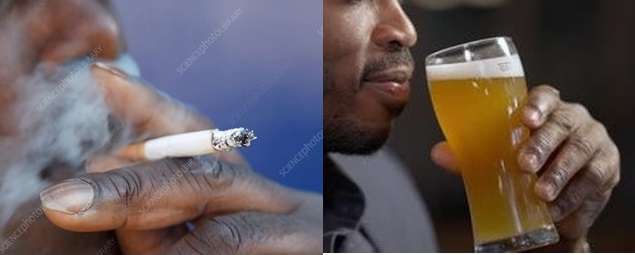 Composite image of two men. one smoking cigarette (left) and the other drinking beer fronm a glass cup *right)
