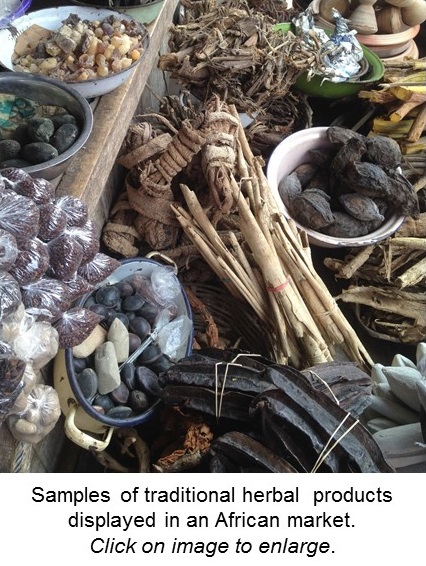 Traaditional herbal products on display in an African market