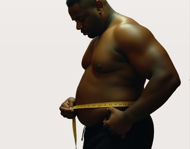 Shirtless African man using flecible tape to measure his waist circunference