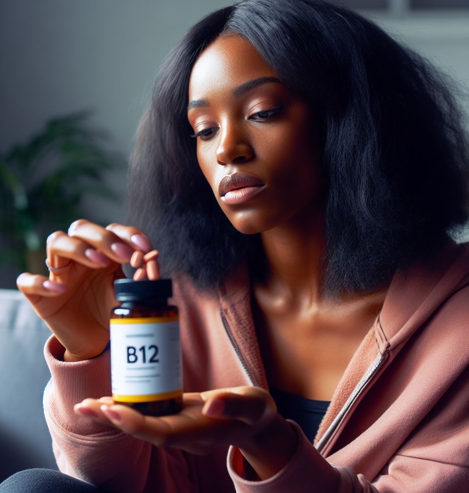 African woman holding a container of vitamin B12 supplements
