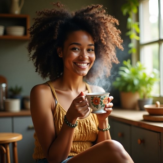 A black lady sitting and enjoying a cup of herbal tea