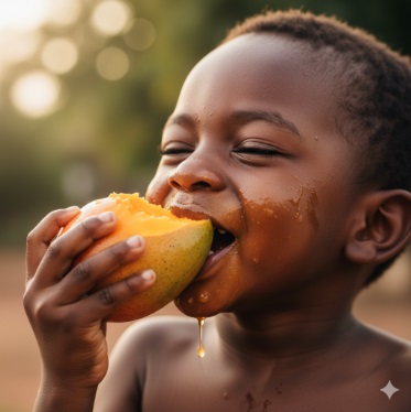 A young African boy eating a fresh juicy mango