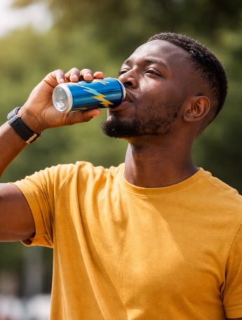 A young African having an energy drink from a can